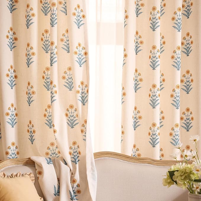 Designer Vintage Linen Printed Curtain, 2 Panels, Pale Yellow Floral Pattern - Image 2