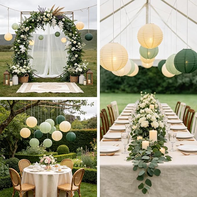 Boho Chinese Paper Lanterns LED Lights, Sage & Forest Green - Image 2