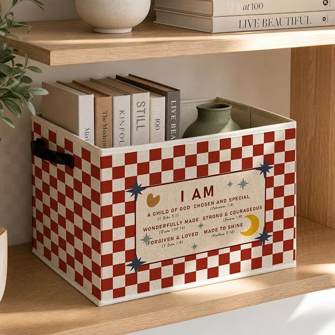 Red Checkered Christian Foldable Storage Bins Box - Image 3