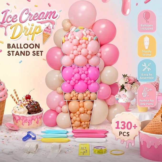 Capoda 146 Pcs 5FT Ice Cream Balloon Column Stand Kit Sweet Ice Cream Balloon - Image 4