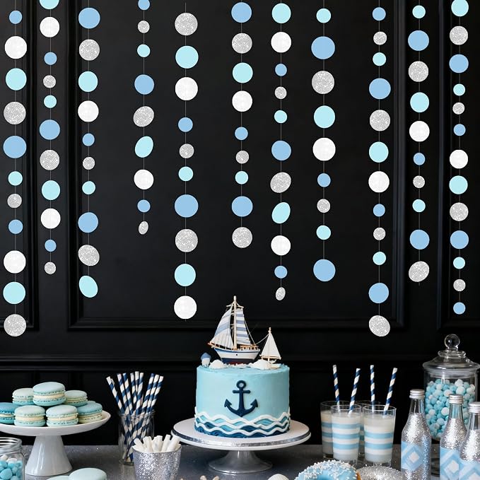 Dusty Blue Silver White Polka Dots Garland Hanging Paper Circle Dot Streamer - Image 6