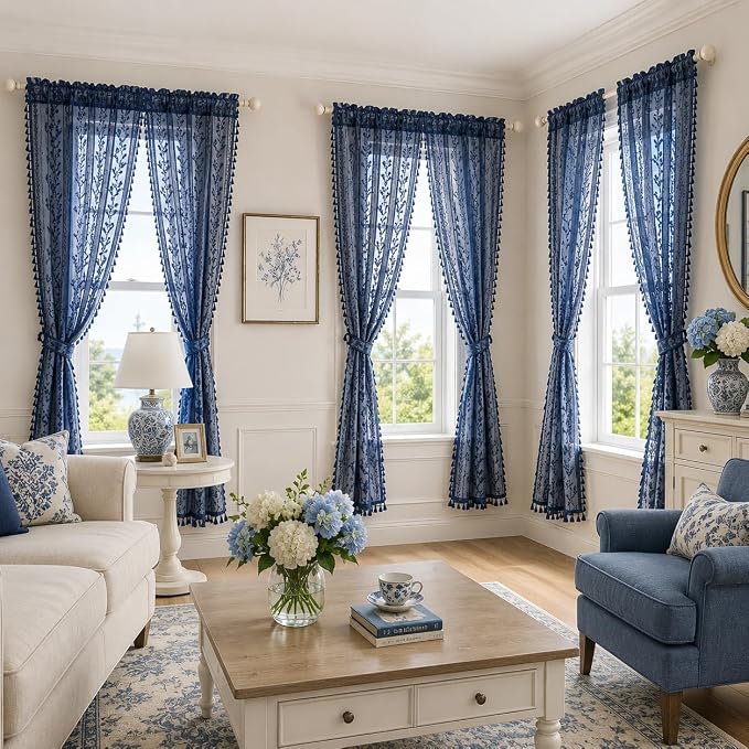 WAZZIO Boho Lace Curtains 2 Panels 63 Inch -Victorian Sheer Panel Drape French - Image 3