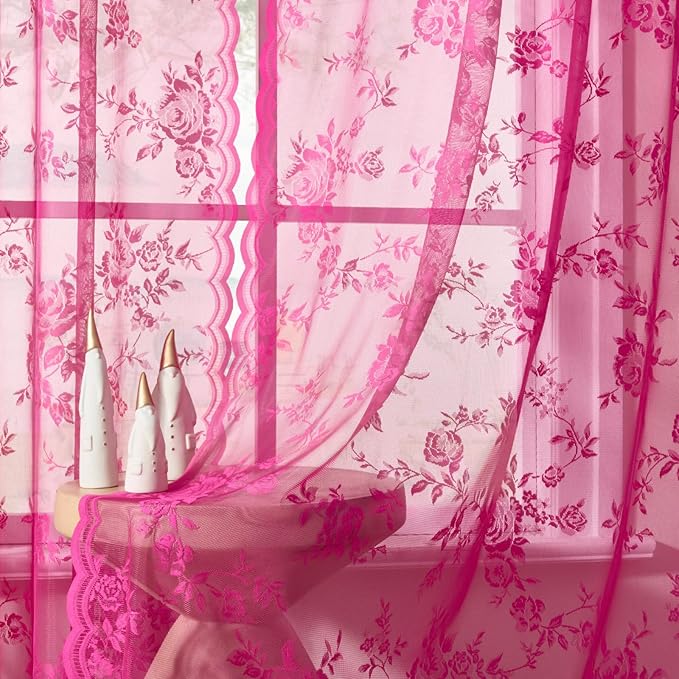 Raspberry Lace Curtains 84 Inches Long 2 Panels Vintage Floral Sheer Curtains - Image 4