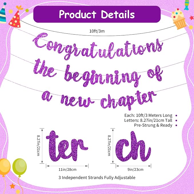 Pre-Strung Congratulations Banner New Chapter & Journey Hanging Garland Glitter - Image 2
