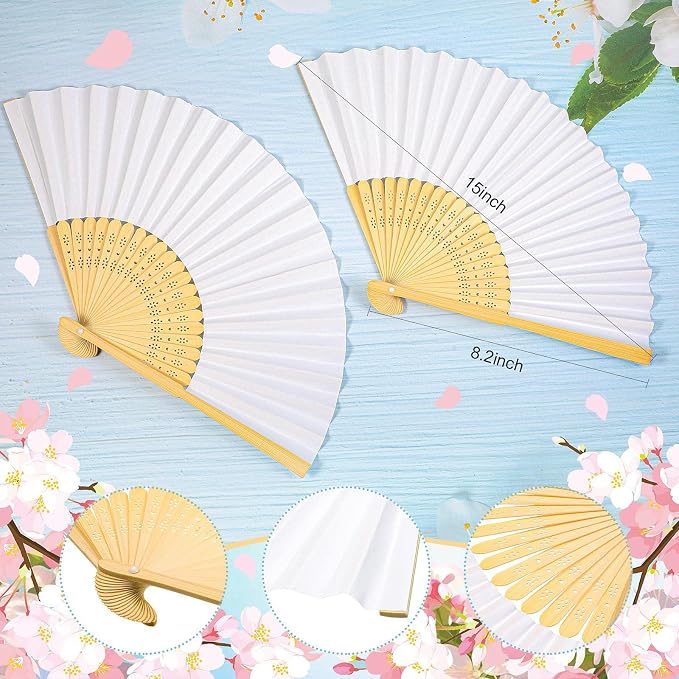 Yookeer 70 Pieces White Paper Hand Held Fan Bamboo Paper Folding Fans - Image 2