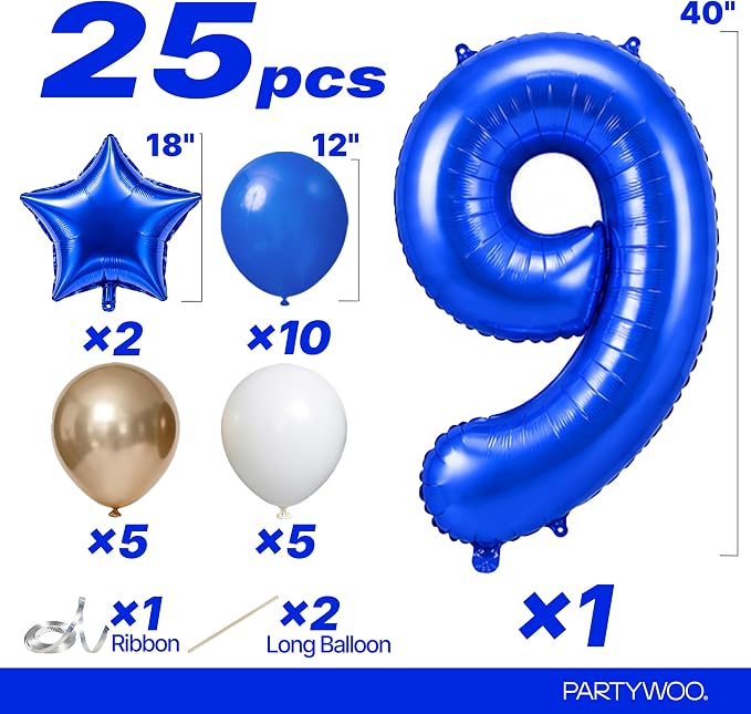 PartyWoo Number Balloons 40 Inch Blue Number 9 Kit - Image 2