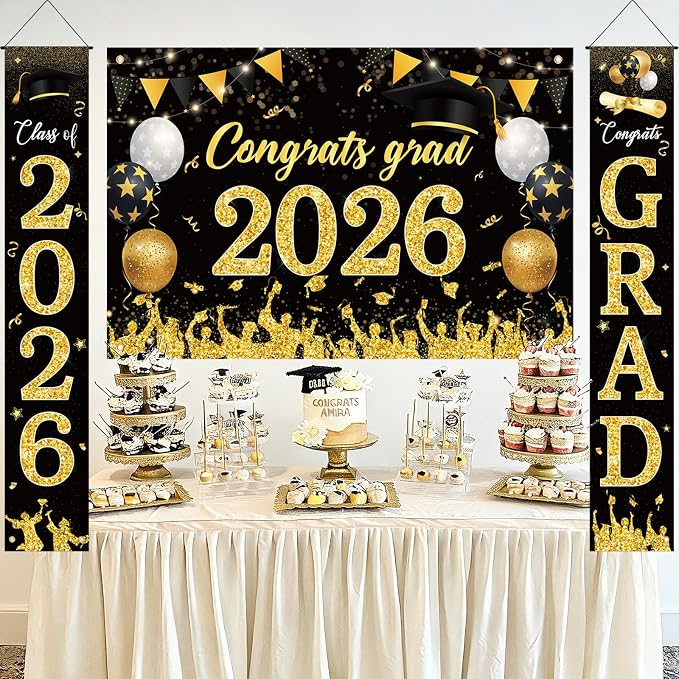 Sophena Graduation Decorations Class of 2026 Grad Banner Backdrop Black and Gold - Image 4