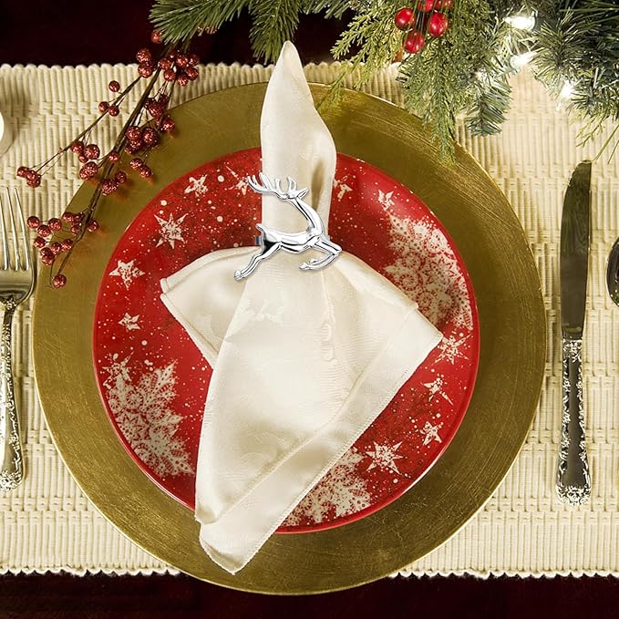 ZeeDix Silver Reindeer Christmas Napkin Rings Set of 24, Napkin Holder Ring for Christmas Dinner Table Decor Cloth Napkins, Wedding Receptions, Holiday Party, Banquet and Home Kitchen