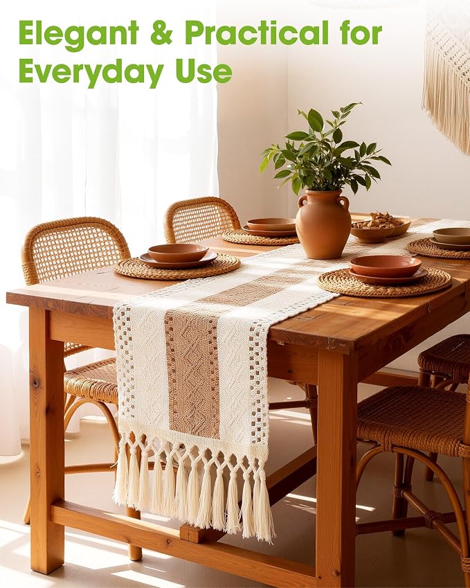 Pureegg Boho Table Runner 12 x 36 Inch, Woven Tassel Design | Dining Table - Image 2