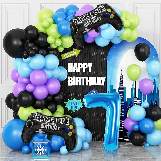 7th Birthday Video Game Balloons Arch, 7th Party Balloons Garland Kit 7th by Cledeco