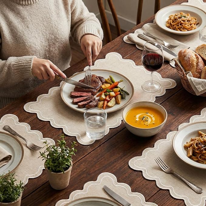 Linen Placemats Set of 12 Scalloped Placemat 13 X19 Wavy Embroidery Double - Image 5