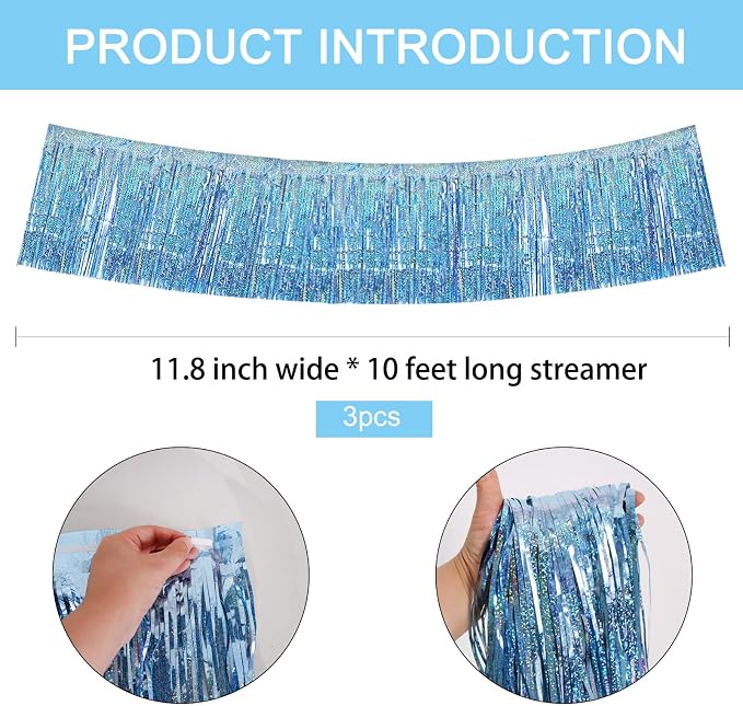 BEISHIDA Laser Light Blue Fringe Garland Banner Wall Tinsel Foil Streamers | - Image 2