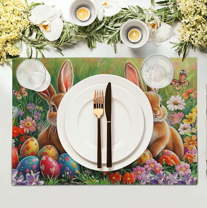 Easter Bunny Placemats Set of 4 Easter Colorful Eggs Floral Linen Fabric Table - Image 3