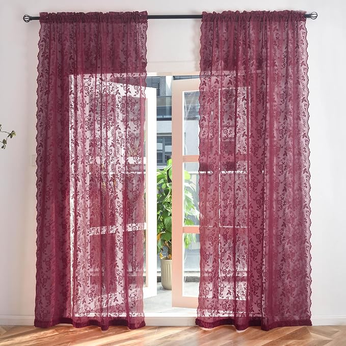 FINECITY Burgundy Lace Curtains Rustic Leaf Floral 52 x 84 Inch, 2 Panels | Rod - Image 2
