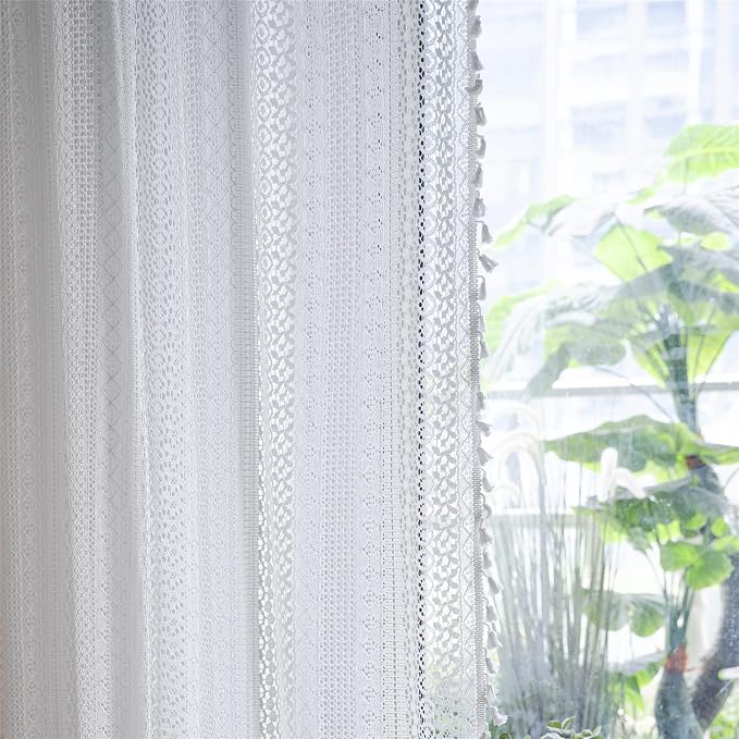Sutuo Home Cream White Crochet Boho Curtain 84 Inches Length, Sheer Lace - Image 2