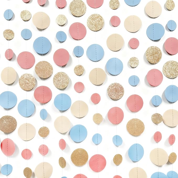Champagne Gold Dusty Pink Blue Cream Beige Circle Dot Hanging Streamer Polka - Image 2