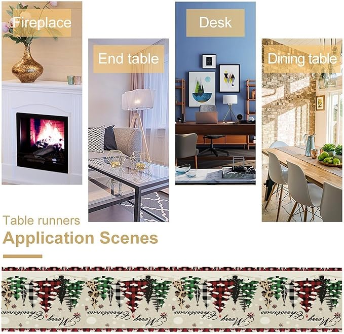 Christmas Tree Table Runner,Farmhouse Xmas Trees Buffalo Plaid Winter Snowflake Tablecloth Burlap for Hotel Indoors Outdoor Dining Room Kitchen Home Decor,W13X L36 in
