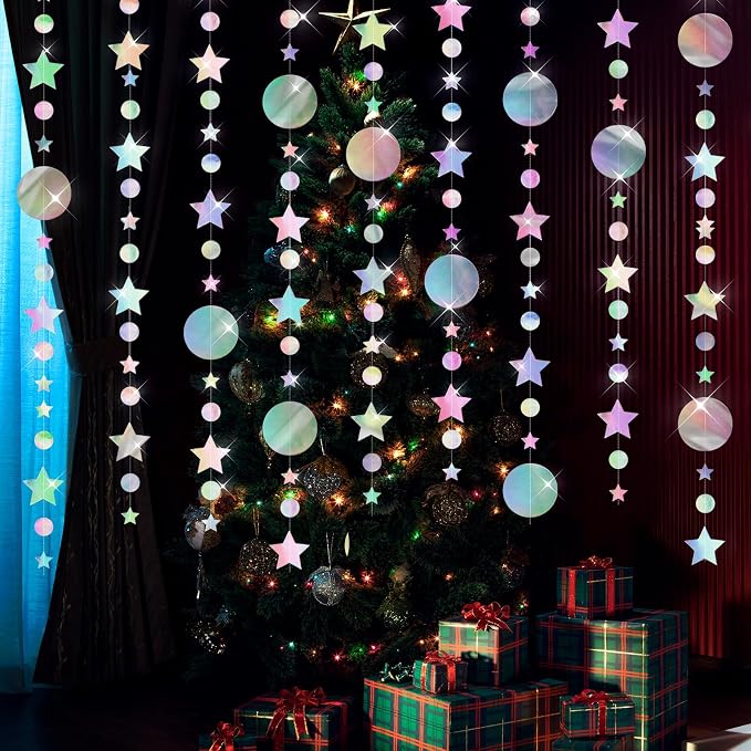 Star Circle Dot Hanging Garlands, Holographic Twinkle Stars Garlands Iridescent - Image 4