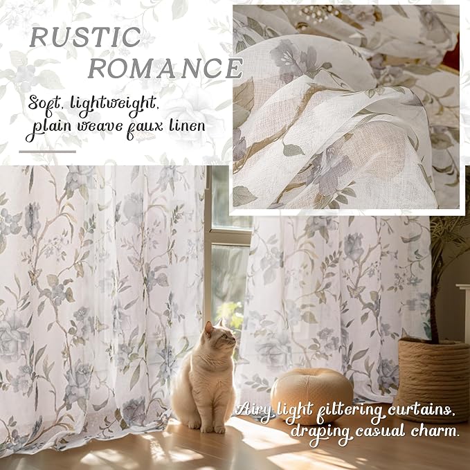 Sheer Curtains 45 Inch Length 2 Panels Set, Floral Patterned Linen Look - Image 4