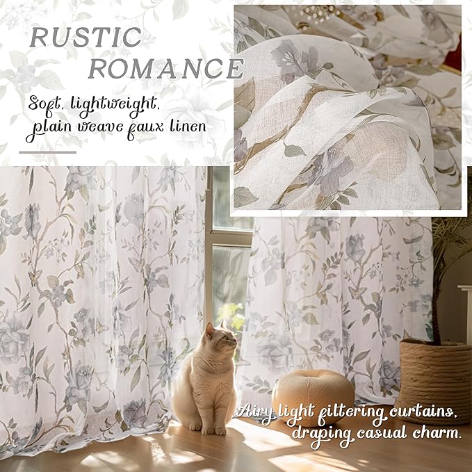 Sheer Curtains 54 Inch Length 2 Panels Set, Floral Patterned Linen Look - Image 4