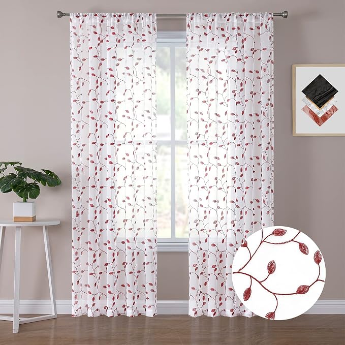 Tollpiz Leaves Sheer Curtain Burgundy Red Leaf Embroidery Living Room Curtains by Tollpiz