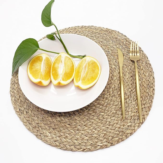 Woven Placemats for Dining Table Set of 6, 100% Natural Straw, Rustic Round - Image 4