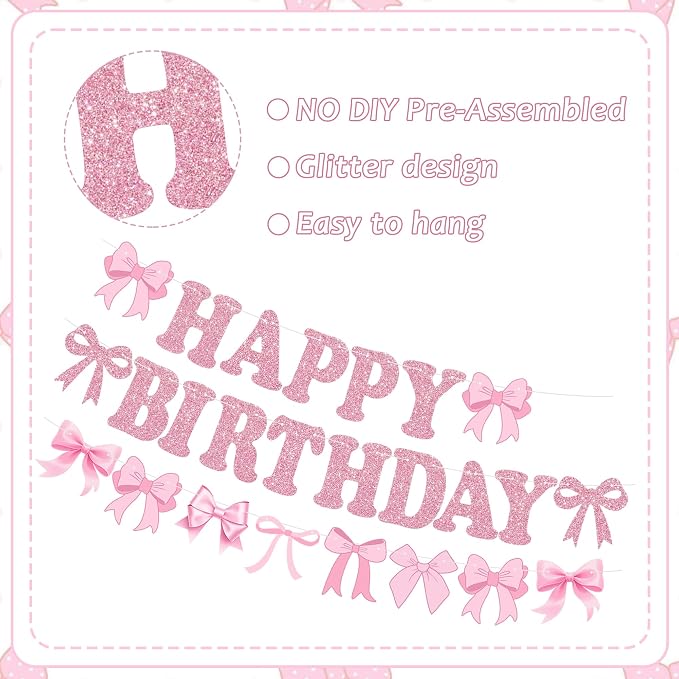Glitter Pink Bow Happy Birthday Banner Pre-Strung Coquette Birthday Decorations - Image 3