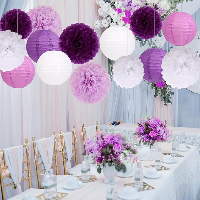 Purple Birthday Party Decorations Paper Lanterns and Pom Poms 15pcs Set | Baby - Image 3