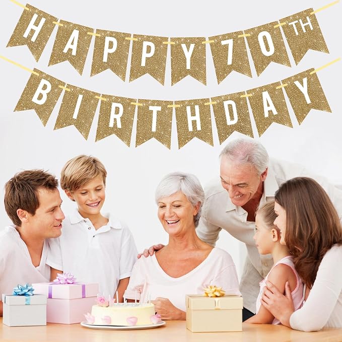 Netnology Pre-Strung Gold Glitter 70th Happy Birthday Banner Decorations | 12 - Image 7
