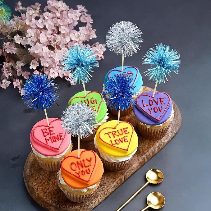 Gyufise 30Pcs Foil Firework Cupcake Toppers Sparkle Tinsel Cake Toppers Tinsel - Image 7