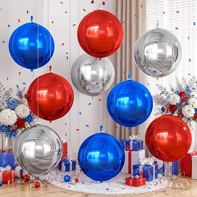 22 Inch Red Blue Silver Round Foil Balloons 9 Pcs, Large 4D Round Balloons by Cledeco