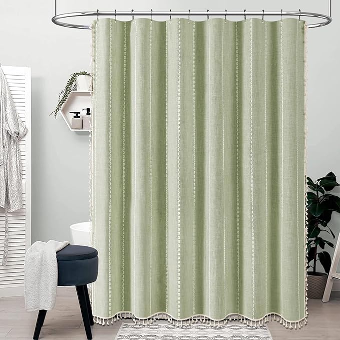 72x78 Long Boho Farmhouse Linen Heavy Duty Shower Curtain, Sage Green | Tall - Image 7