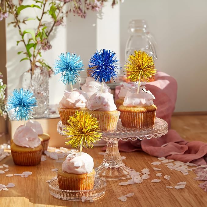 Gyufise 30Pcs Foil Firework Cupcake Toppers Sparkle Tinsel Cake Toppers Tinsel - Image 5