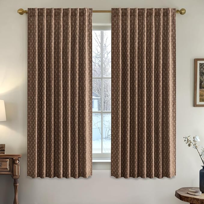MIULEE Patterned Farmhouse Linen Curtains, Back Tab, Dark Coffeen | Linen - Image 2