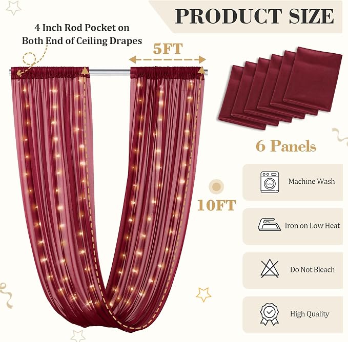 6 Panels Burgundy Ceiling Curtains - Image 2