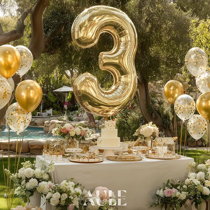 AULE 40 Inch Light Gold 3 Balloon Number Foil 0-9 Birthday Big Numbers | - Image 2