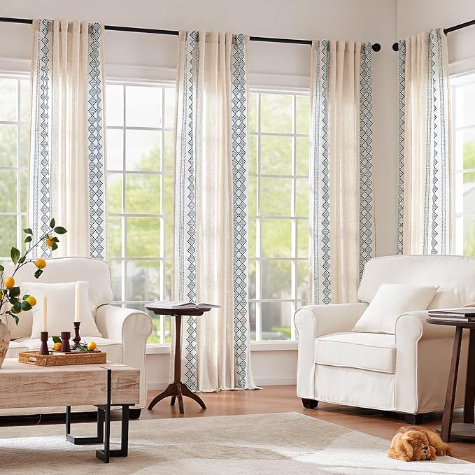 jinchan Floral Linen Curtains Embroidered Back Tab 50x84in 2 Panels Blue | - Image 5