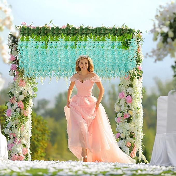 12 Pack Teal Wisteria Hanging Flowers, 3.44 Ft Fake Hanging Flowers, Artificial Wisteria Garland Vines for Wedding Room Backdrop Outdoor Patio Garden Decoration
