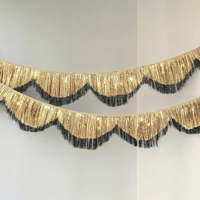 1 Pack Black & Gold Tinsel Fringe Banner 7FT Double-Layer Wavy Tassel Garland - Image 2