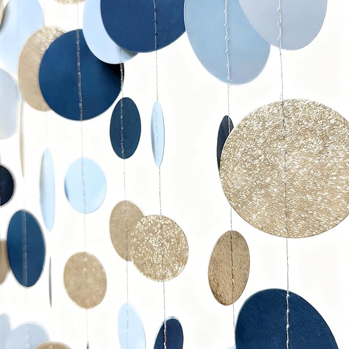 Navy Blue Champagne Gold Polka Dots Garland Hanging Paper Circle Dot Streamer - Image 4