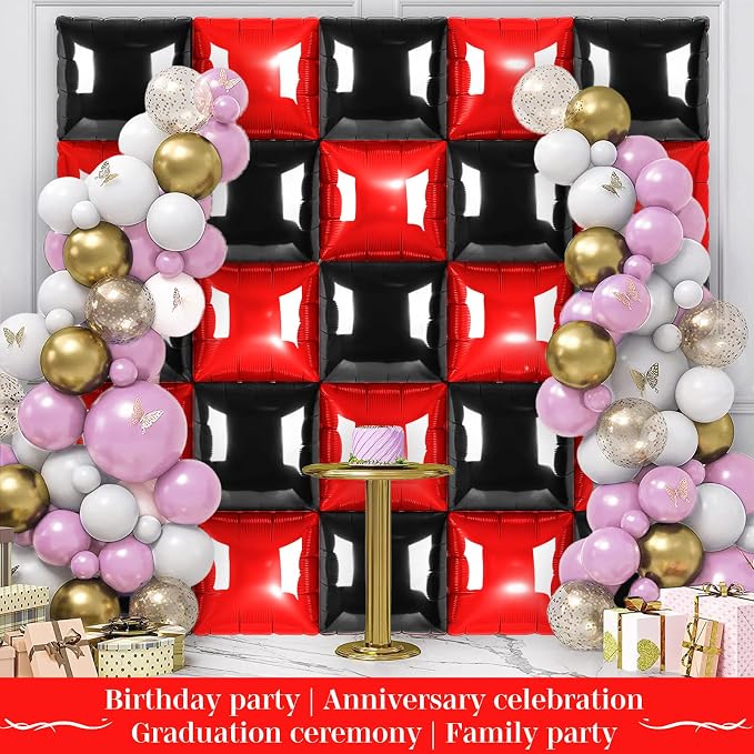Black and Red Square Foil Balloons 25 Pcs Metallic Black and Red Balloons Wall - Image 5