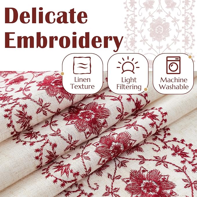 jinchan Floral Linen Curtains Embroidered Back Tab 50x96in 2 Panels Red | Light - Image 4