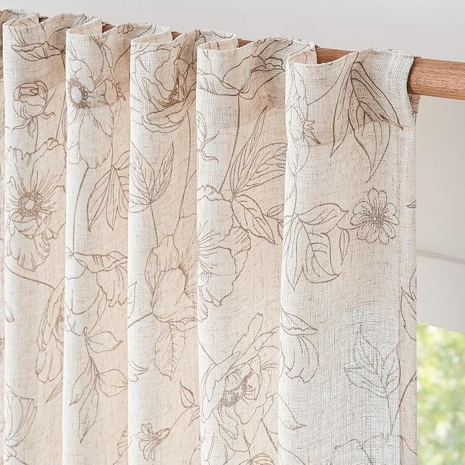 jinchan Floral Linen Curtains for Living Room 63 Inch Length Taupe Flower - Image 8