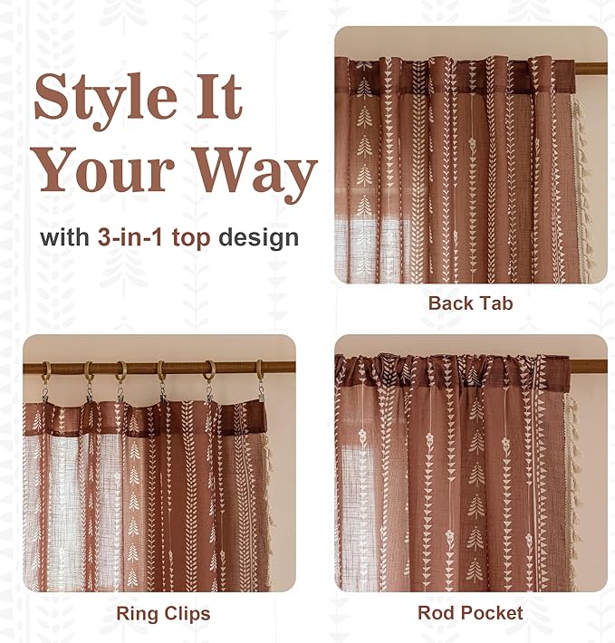 Boho Curtains for Living Room, Terracotta Curtains 84 Inch Long Linen Blended - Image 5