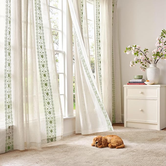 jinchan Floral Linen Curtains Embroidered Back Tab 50x84in 4 Panels Sage | - Image 2