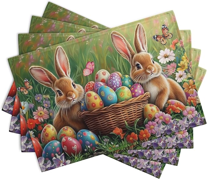 Easter Bunny Placemats Set of 4 Easter Colorful Eggs Floral Linen Fabric Table - Image 2