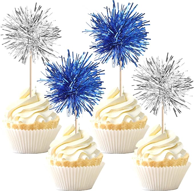 40 PCS Foil Firework Cupcake Toppers Sparkle Tinsel Cupcake Picks Fireworks by ZHUOWEISM