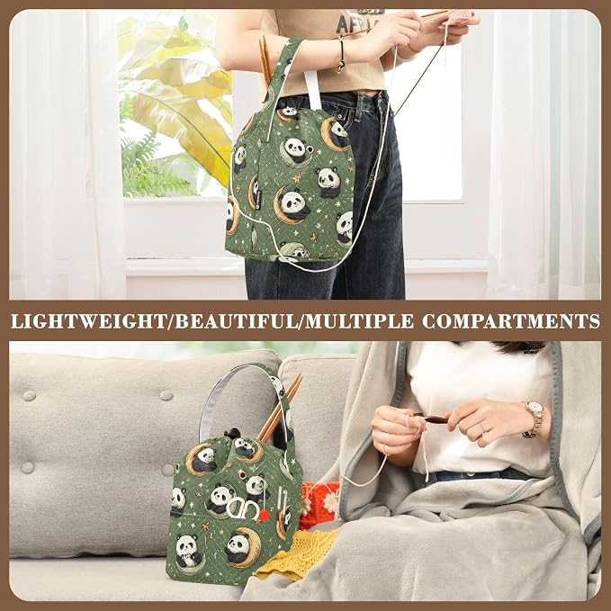 Sage Green Panda Crescents Stars Yarn Bag Small Crochet Bag Drawstring Yarn - Image 5