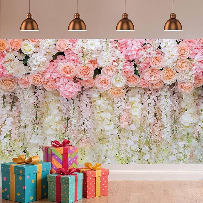 8x6ft Pink Rose Flower Wedding Photography Backdrop Spring Floral Photography Backdrop Valentine's Day Mother's Day Girl Birthday Baby Shower Wedding Bridal Party Banner Photo Booth Props Background