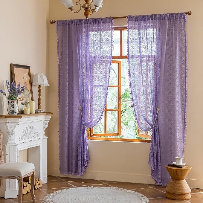 YJ YANJUN Boho Lace Curtains, Light Purple Sheer Panels, 59x84 inch, Pair | - Image 6